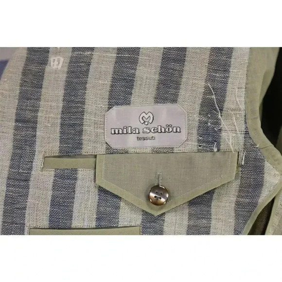 Custom Made Navy/Sky Blue Striped Mila Schon Linen Boating Patch Pkt Blazer 38S - Picture 7 of 8